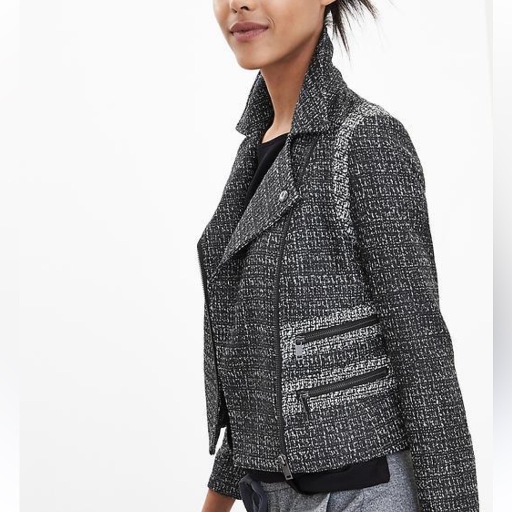 Banana Republic Gray & Black Tweed Zip Front Edgy Moto Blazer Size 6P NEW